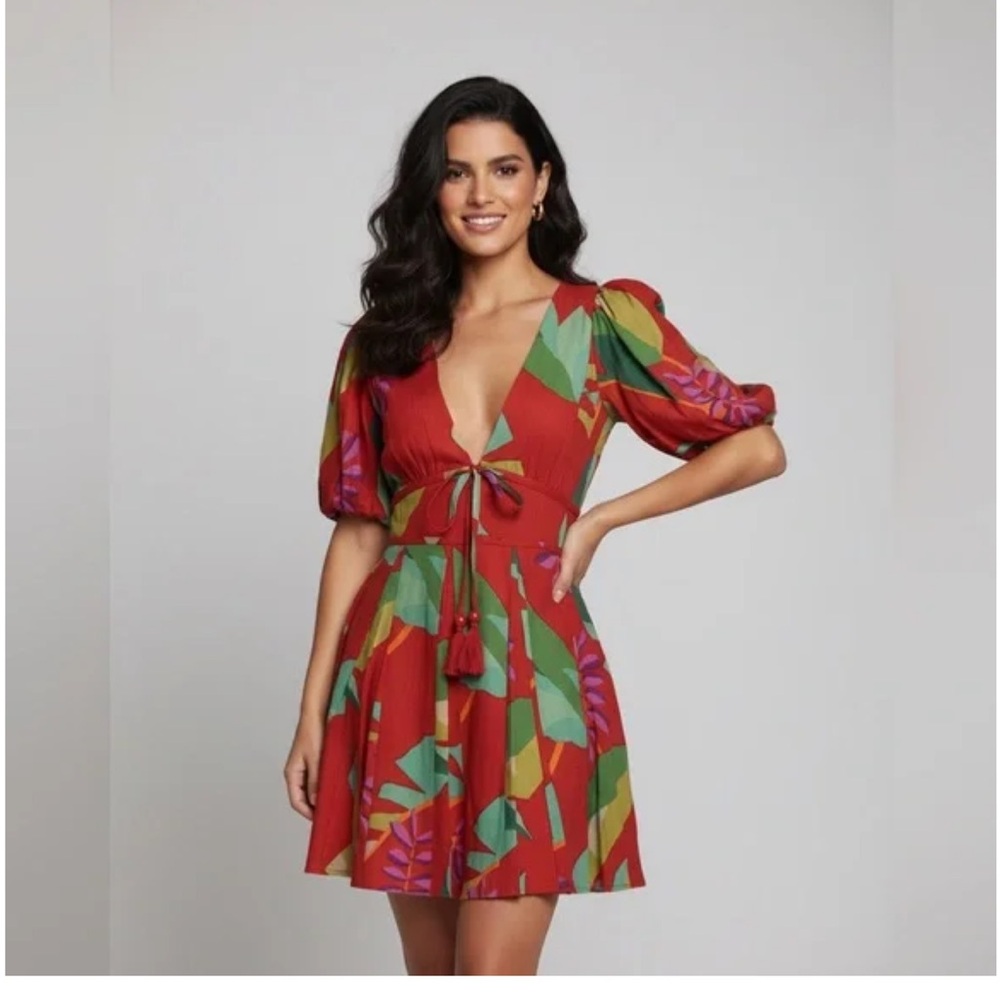 House of Harlow 1960 Linen Blend Printed Mini Dress Puff Sleeve Tie Front